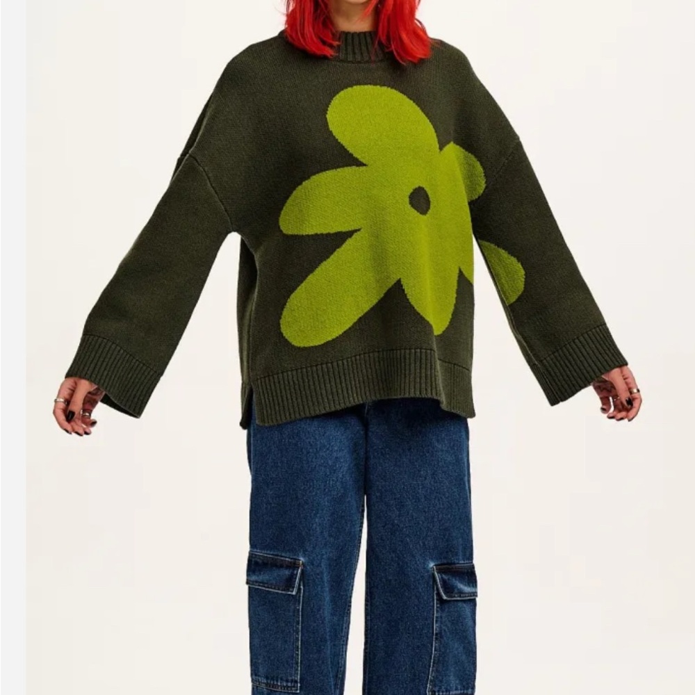 Lucy & Yak Olive Green Sweater with Lime Green Flower - Picture 2 of 7
